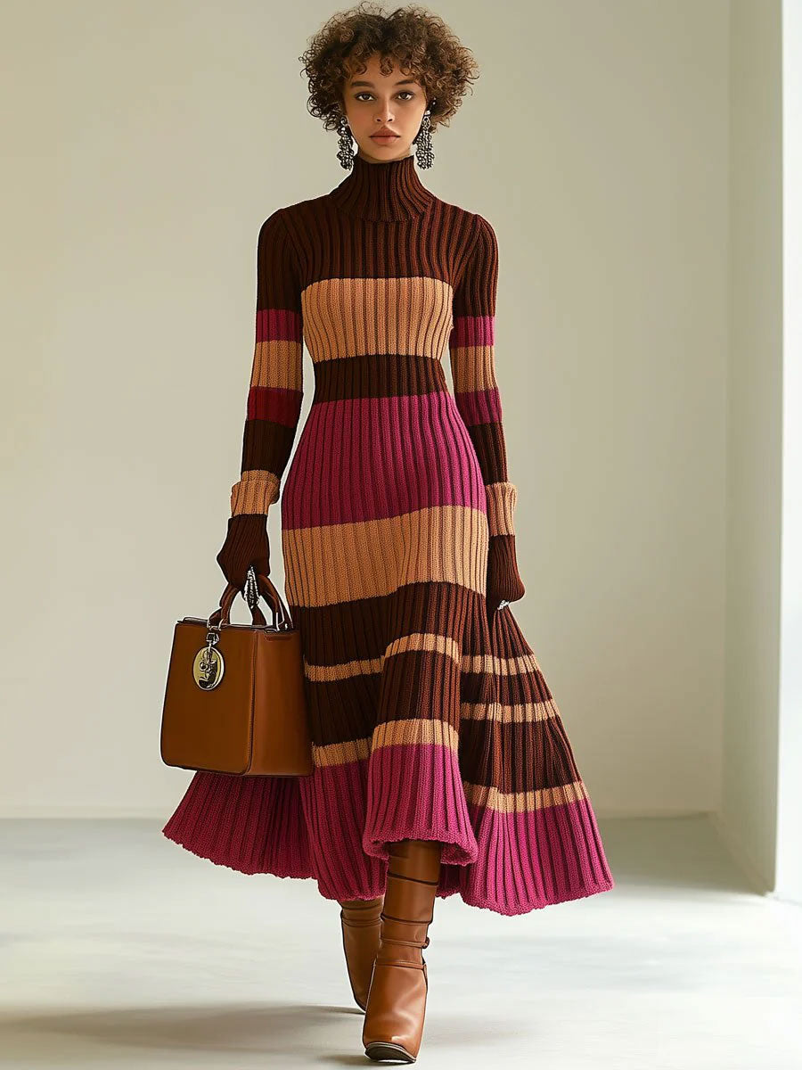 【24-hour shipping】Fashion Loose Retro Color Striped Knitted Turtleneck Midi Dress