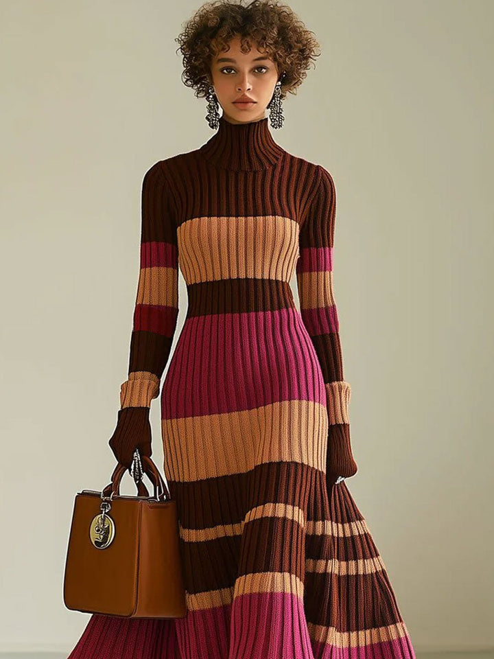 【24-hour shipping】Fashion Loose Retro Color Striped Knitted Turtleneck Midi Dress