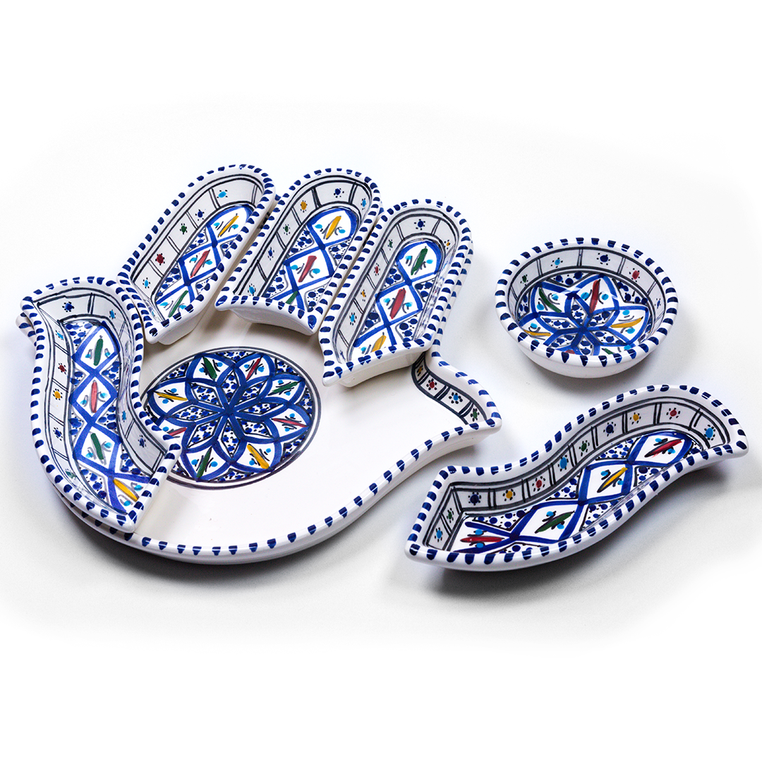 Set di Servizio e Immersione Hamsa Blu Bohemien - Decorazione in Ceramica Fatta a Mano Versatile