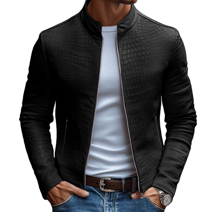 Giacca in Pelle Slim Fit con Collo Alto e Zip, Motivo Pietra da Uomo 45773252M