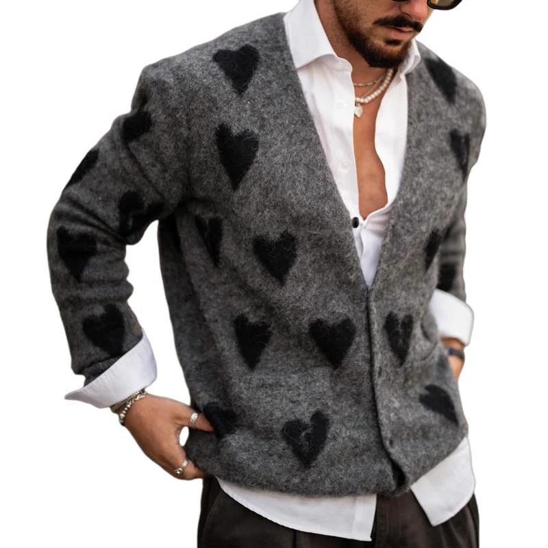 Cardigan in Maglia da Uomo con Grafica a Cuore e Collo a V 01457661Z