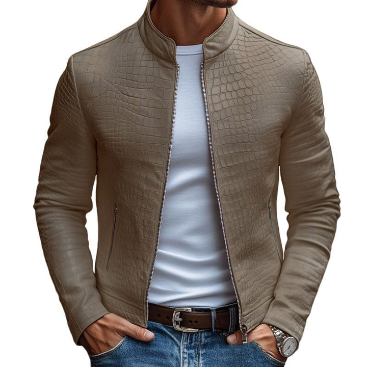 Giacca in Pelle Slim Fit con Collo Alto e Zip, Motivo Pietra da Uomo 45773252M