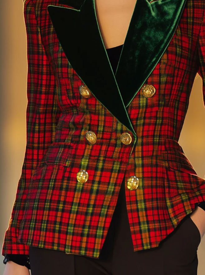 【Spedizione in 24 ore】Blazer Doppiopetto Casual Retro in Lana a Quadri Rosso e Verde con Rever in Velluto