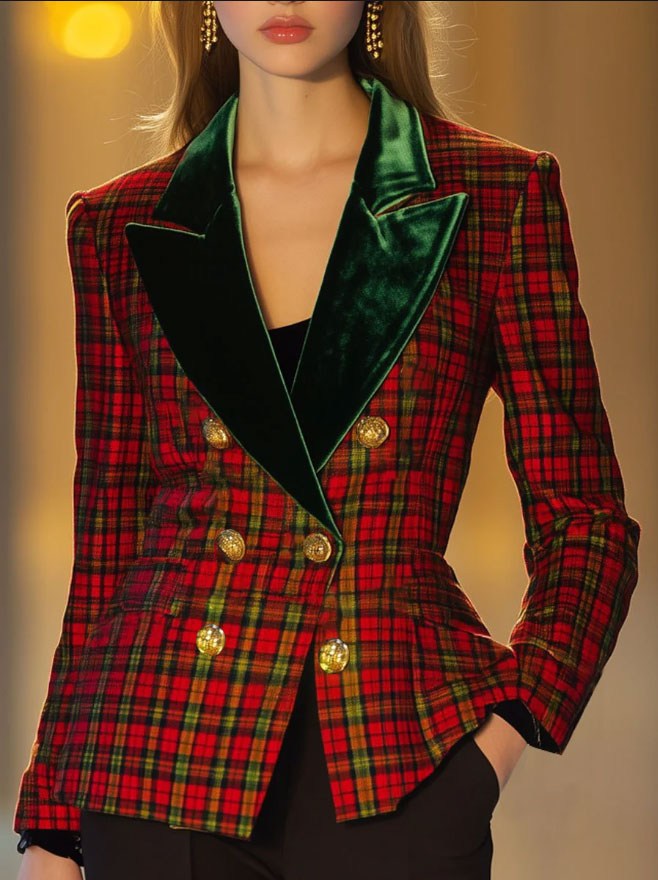 【Spedizione in 24 ore】Blazer Doppiopetto Casual Retro in Lana a Quadri Rosso e Verde con Rever in Velluto