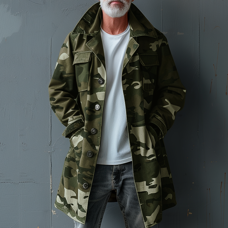 Cappotto Trench Cargo da Uomo con Collo a Revers e Tasche sul Petto in Stile Camouflage, Monopetto, di Lunghezza Media 74550095Z