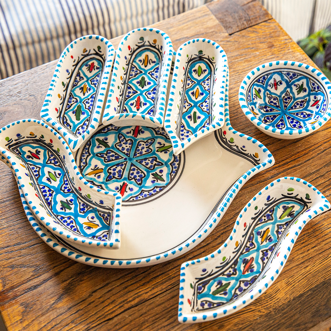 Set per immersione e servizio Hamsa Turchese Bohemien - Decorazione in ceramica fatta a mano versatile