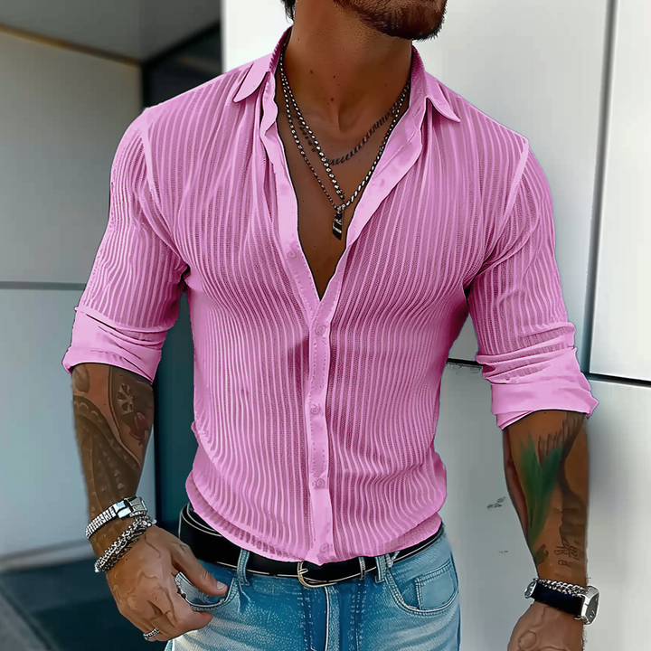 Camicia da uomo a maniche lunghe a righe con colletto in tinta unita 94598700Z