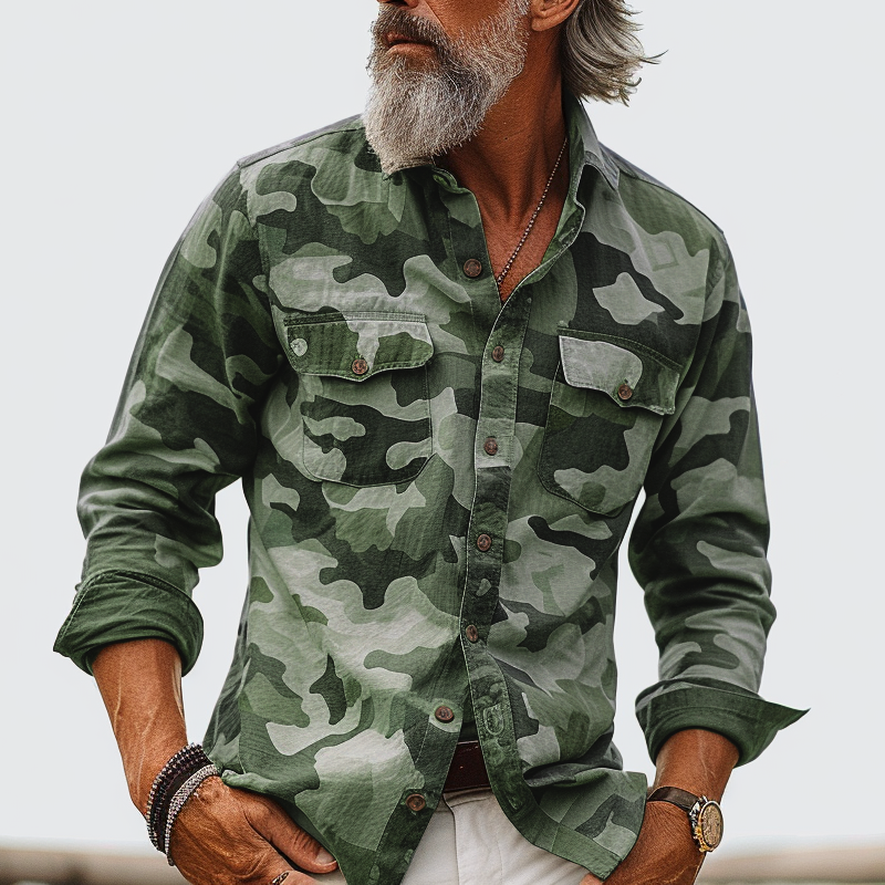 Camicia da uomo camouflage con colletto e tasca sul petto 72098909Z