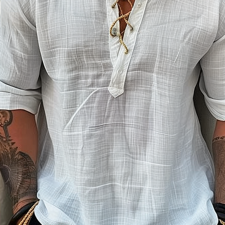 Camicia Casual da Uomo in Lino Puro con Lacci e Collo Rotondo a Manica Lunga 23417764Z