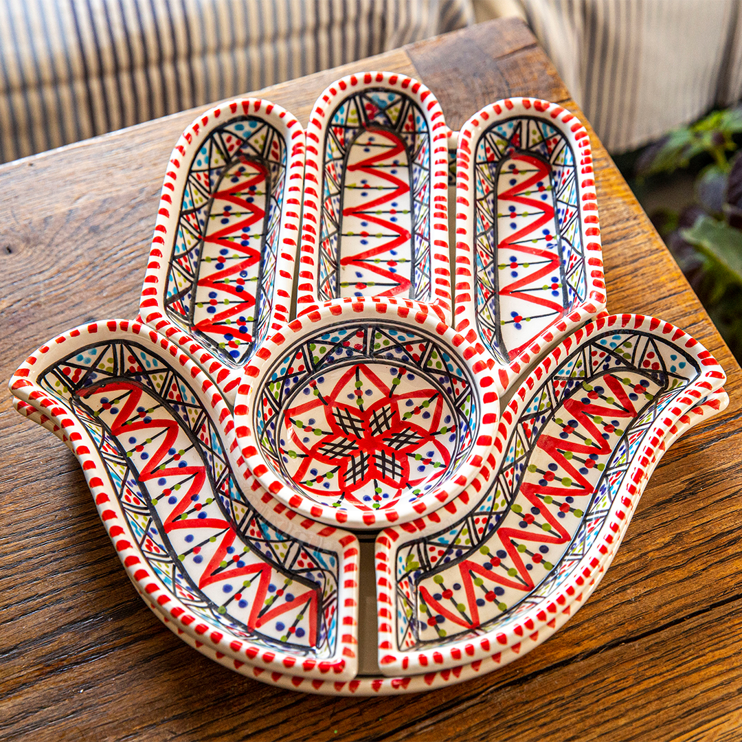 Set di Servizio e Dipping Hamsa Rosso Bohemien - Decorazione in Ceramica Artigianale Versatile