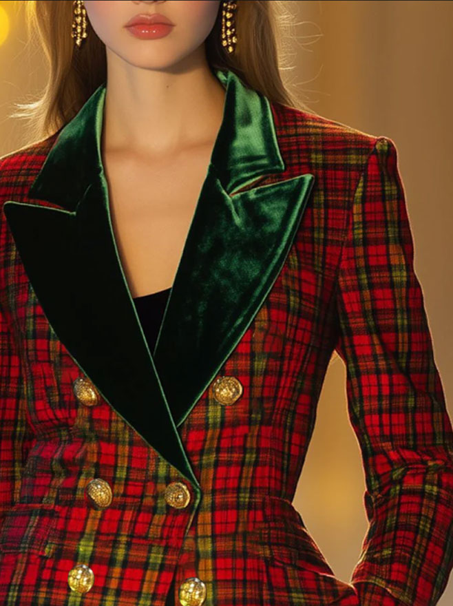 【Spedizione in 24 ore】Blazer Doppiopetto Casual Retro in Lana a Quadri Rosso e Verde con Rever in Velluto