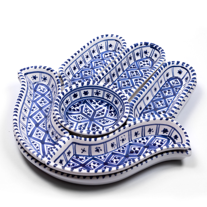 Tutto il Set di Servizio e Dipping Hamsa Blu - Versatile Decor in Ceramica Fatta a Mano