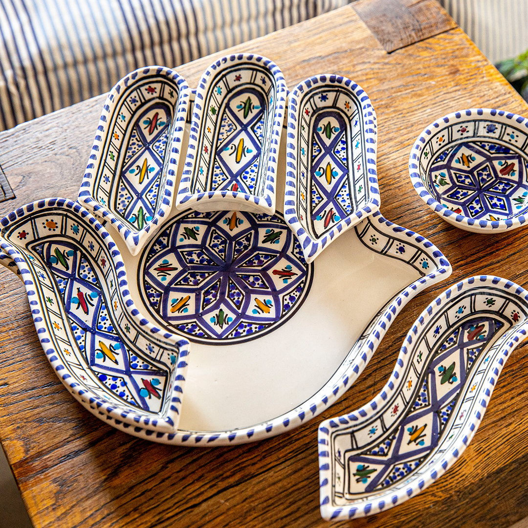 Set di Servizio e Immersione Hamsa Blu Bohemien - Decorazione in Ceramica Fatta a Mano Versatile