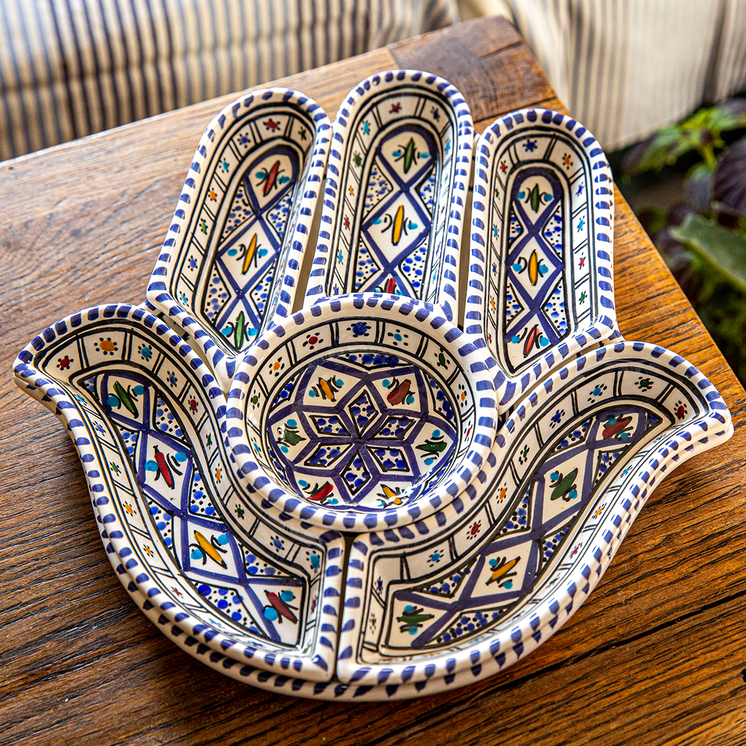 Set di Servizio e Immersione Hamsa Blu Bohemien - Decorazione in Ceramica Fatta a Mano Versatile