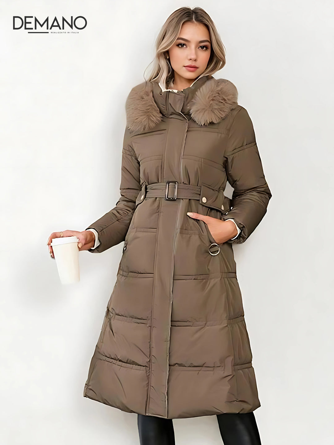 Giacca Donna con Cappuccio, Cintura e Pelliccia Sintetica – Perfetta per Autunno e Inverno