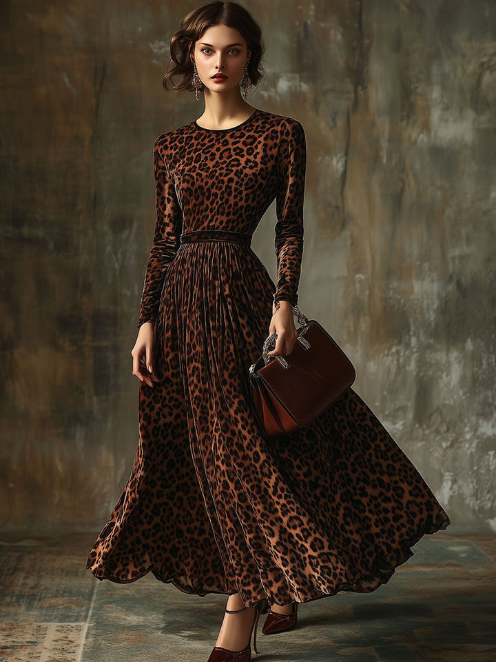 【Spedizione in 24 ore】Abito Maxi in Velluto Vintage Casual con Stampa Leopardo a Collo Rotondo