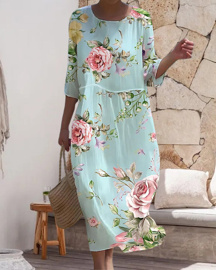 MIRANDA | ELEGANT FLORAL DRESS THAT COVERS THE BELLY