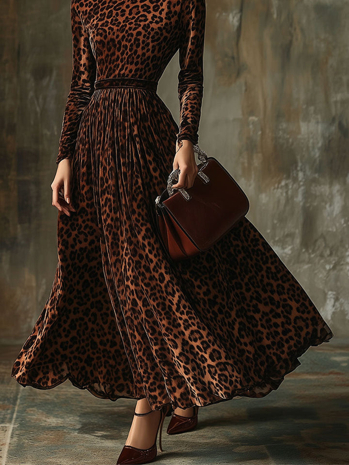 【Spedizione in 24 ore】Abito Maxi in Velluto Vintage Casual con Stampa Leopardo a Collo Rotondo