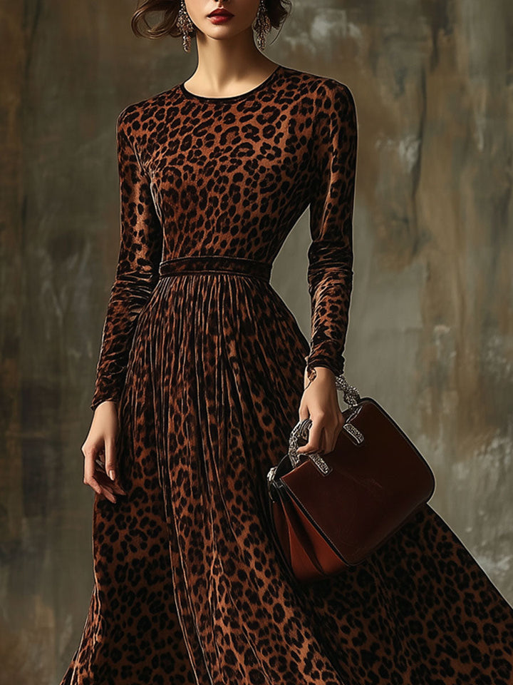 【Spedizione in 24 ore】Abito Maxi in Velluto Vintage Casual con Stampa Leopardo a Collo Rotondo