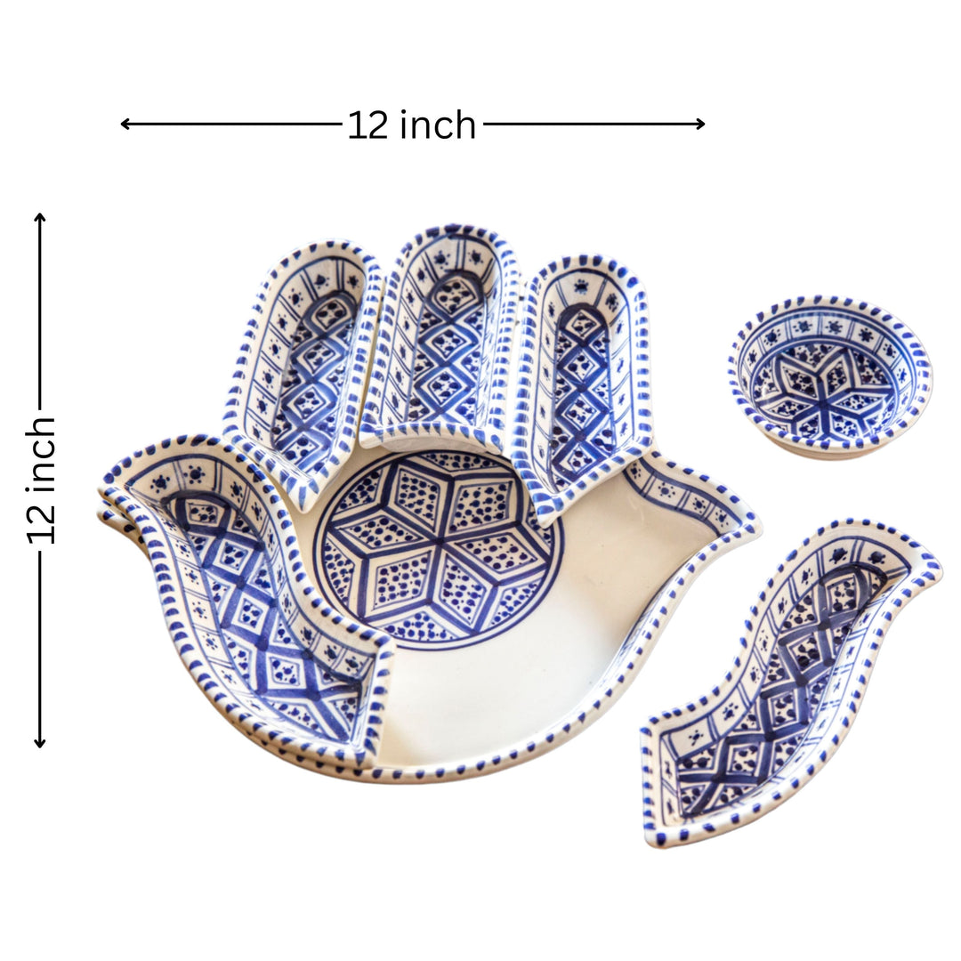 Tutto il Set di Servizio e Dipping Hamsa Blu - Versatile Decor in Ceramica Fatta a Mano