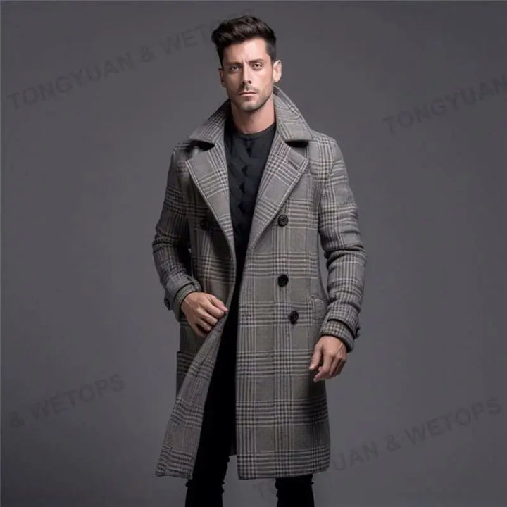 Cappotto da uomo oversize di alta qualità 2025, moda a doppio petto, trench grigio a quadri per uomini