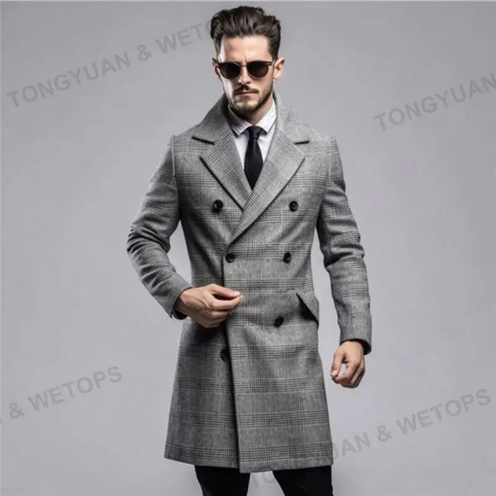 Cappotto da uomo oversize di alta qualità 2025, moda a doppio petto, trench grigio a quadri per uomini