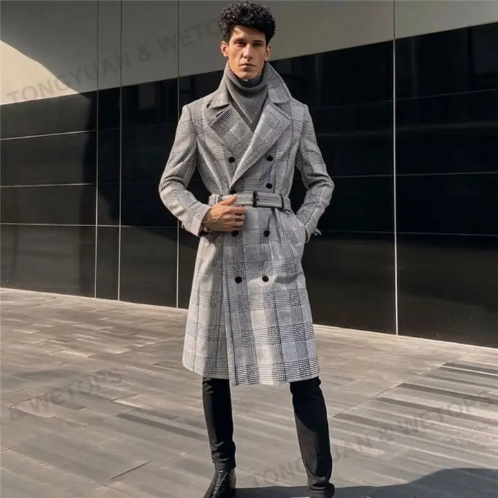 Cappotto da uomo oversize di alta qualità 2025, moda a doppio petto, trench grigio a quadri per uomini