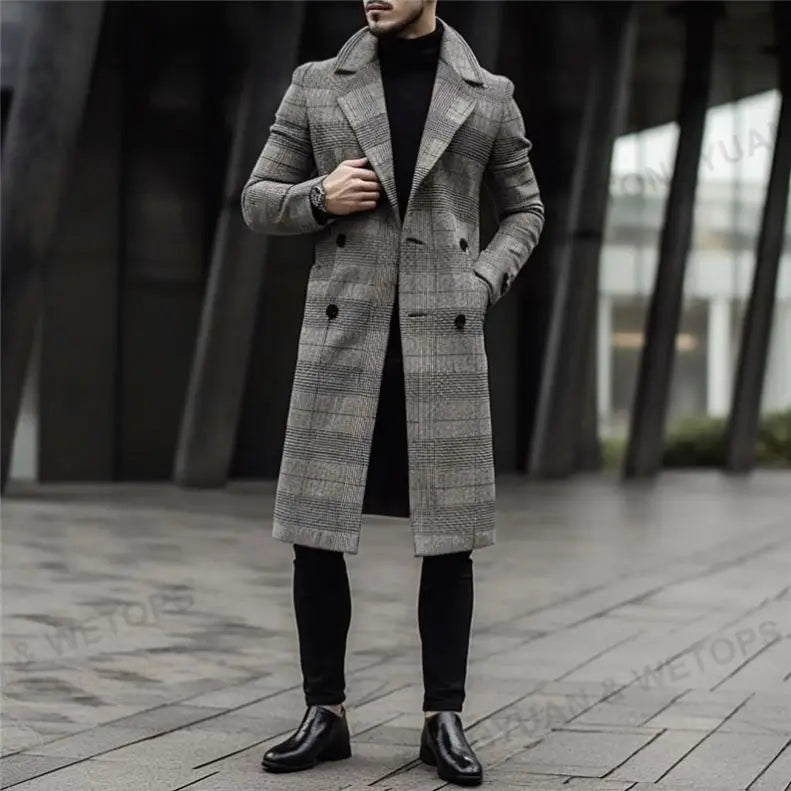 Cappotto da uomo oversize di alta qualità 2025, moda a doppio petto, trench grigio a quadri per uomini