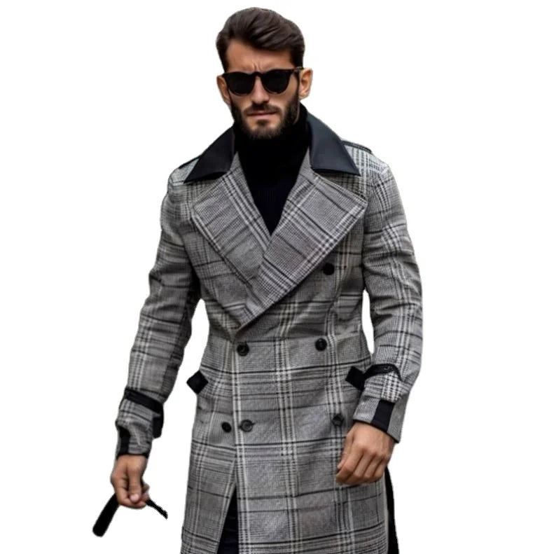 Cappotto da uomo oversize di alta qualità 2025, moda a doppio petto, trench grigio a quadri per uomini