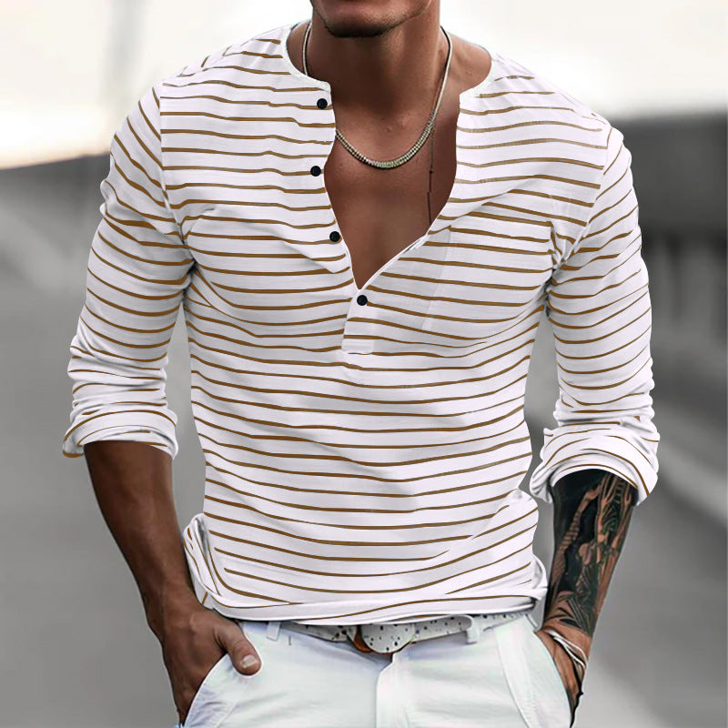 T-shirt Casual a Maniche Lunghe con Collo Henley a Righe da Uomo 00046965Z