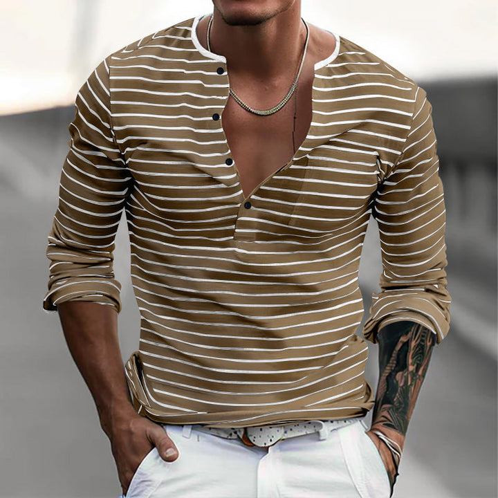 T-shirt Casual a Maniche Lunghe con Collo Henley a Righe da Uomo 00046965Z