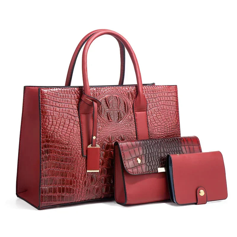 Fay™|Elegant Crocodile Print Handbag Set, Complete with Wallet and Clutch