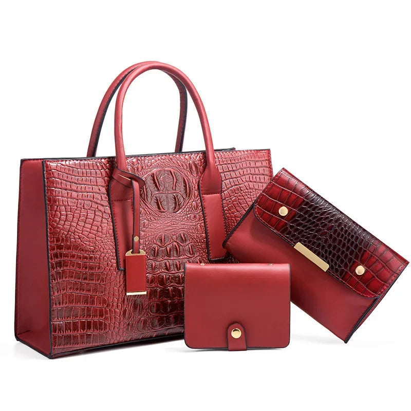 Fay™|Elegant Crocodile Print Handbag Set, Complete with Wallet and Clutch