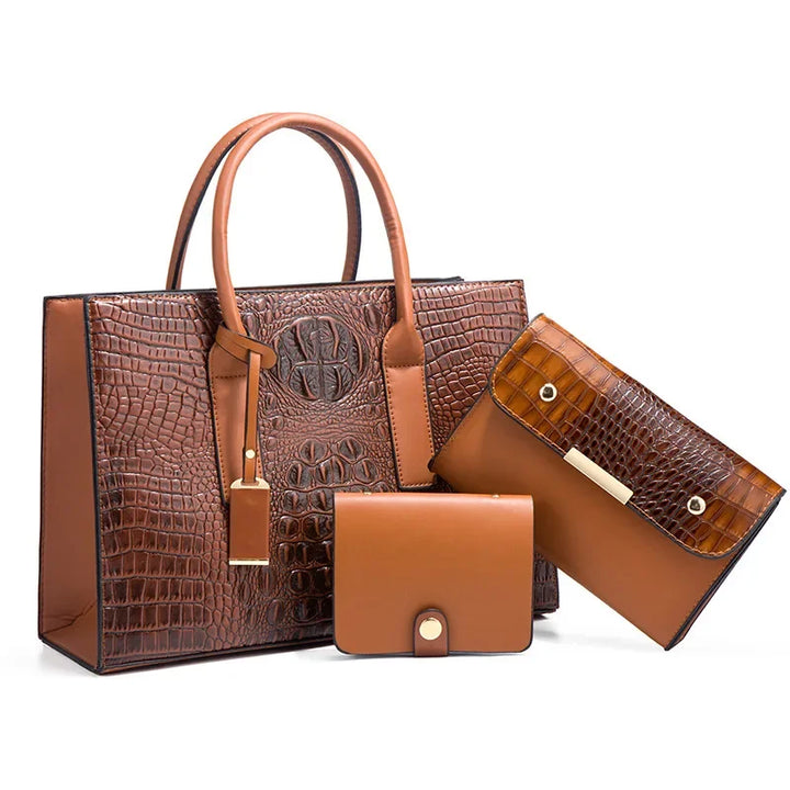 Fay™|Elegant Crocodile Print Handbag Set, Complete with Wallet and Clutch