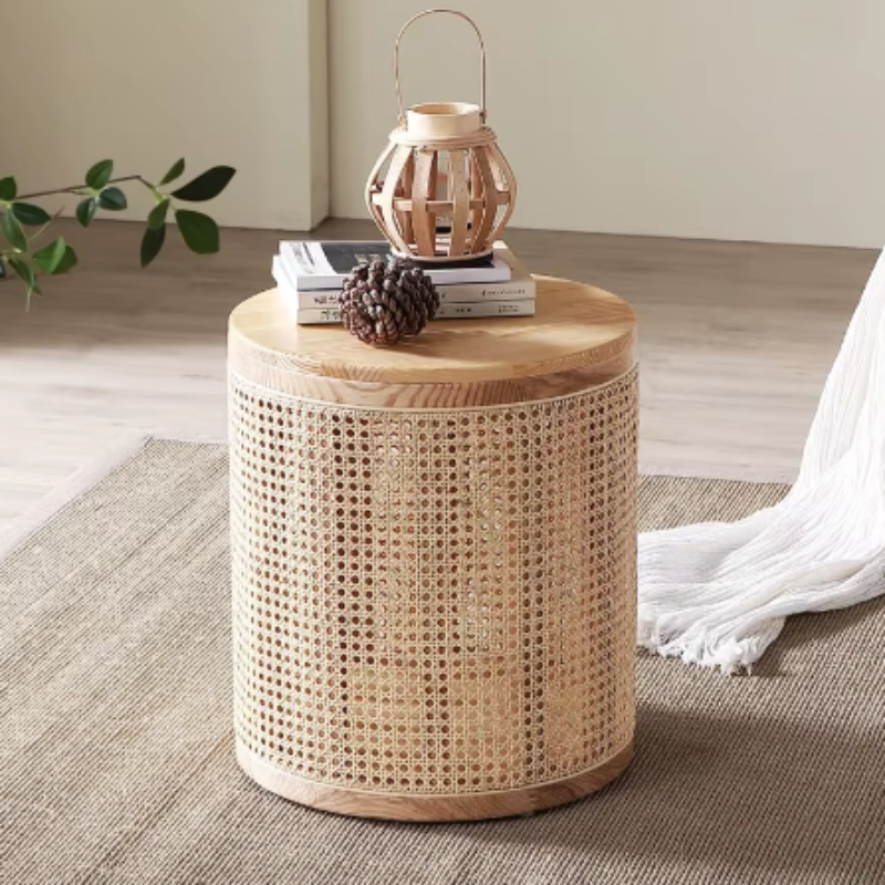 Tavolino Laterale in Rattan con Spazio di Stoccaggio