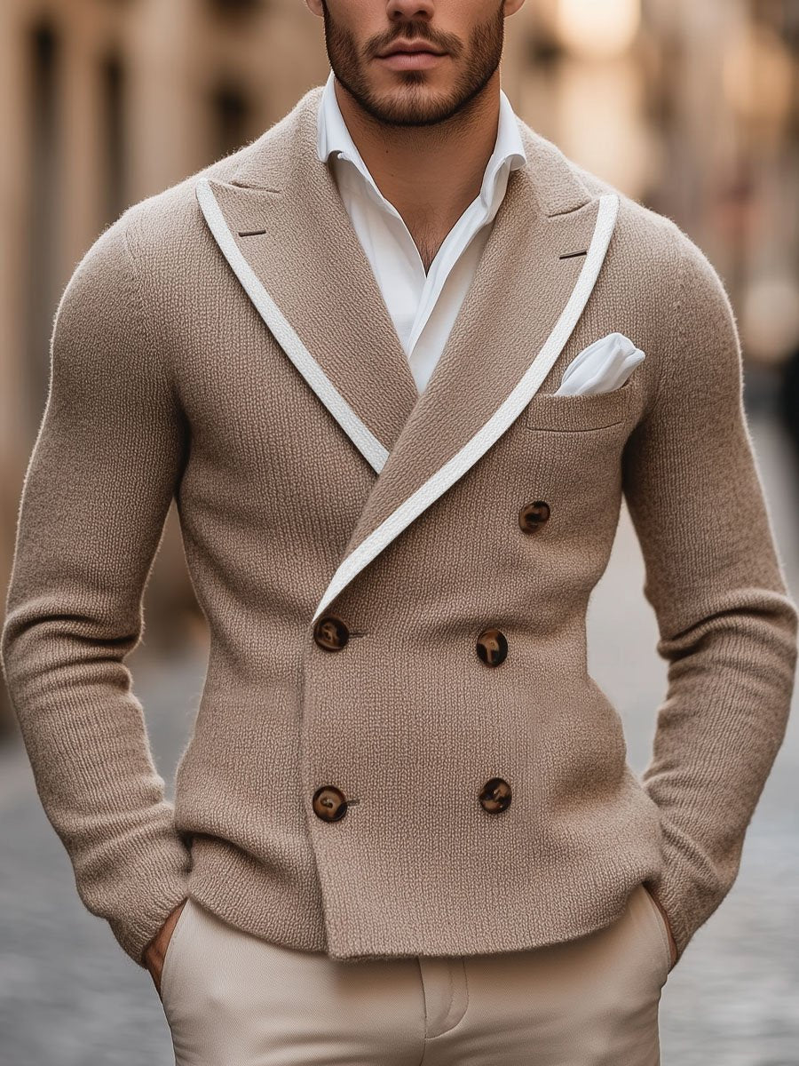 Demano™ Blazer doppiopetto in maglia da uomo con revers a contrasto