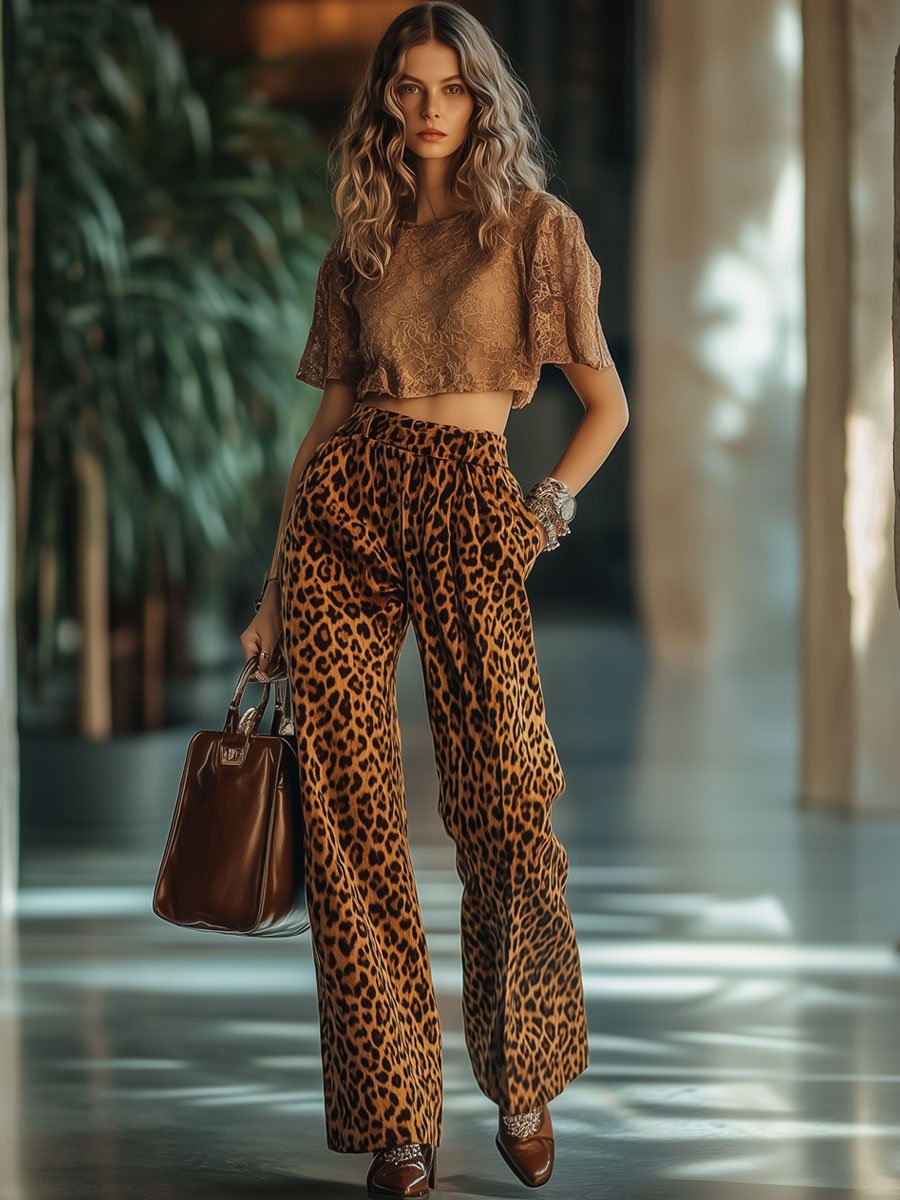 【Spedizione in 24 ore】Pantaloni casual larghi in velluto vintage con stampa leopardata, tasche e vita elastica