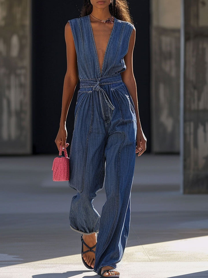 【Spedizione in 24 ore】Tuta in denim con scollo a V, casual e ampia, con tasche e lacci