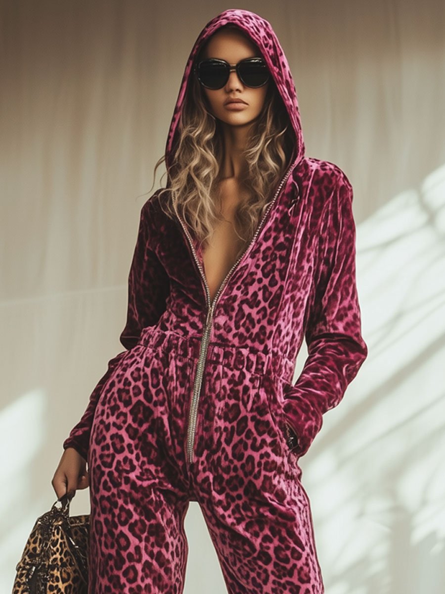 【Spedizione in 24 ore】Tuta Cappuccio in Velluto Rosa Retro a Stampa Leopardo con Vita Elastico e Zip