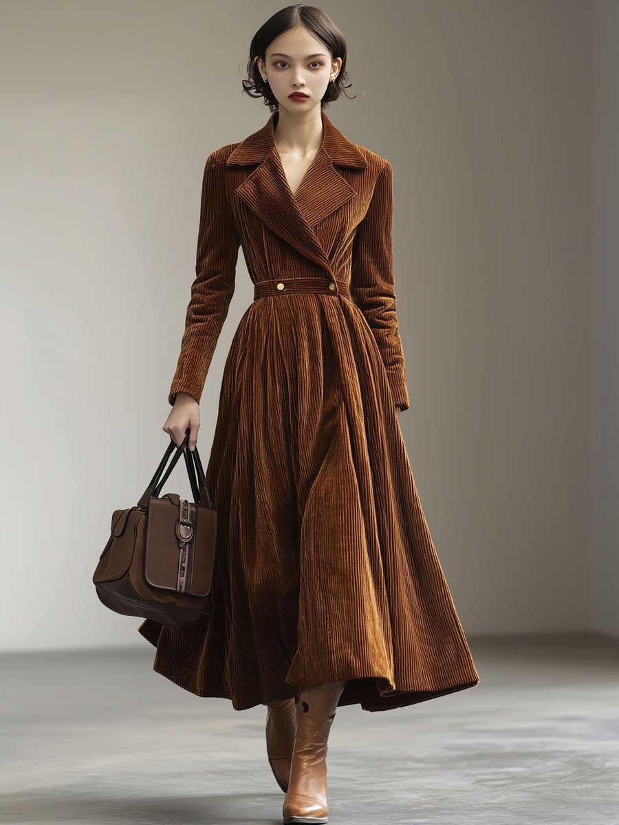 【Spedizione in 24 ore】Abito Maxi Vintage in Velluto a Coste con Collo a Revers e Maniche Lunghe