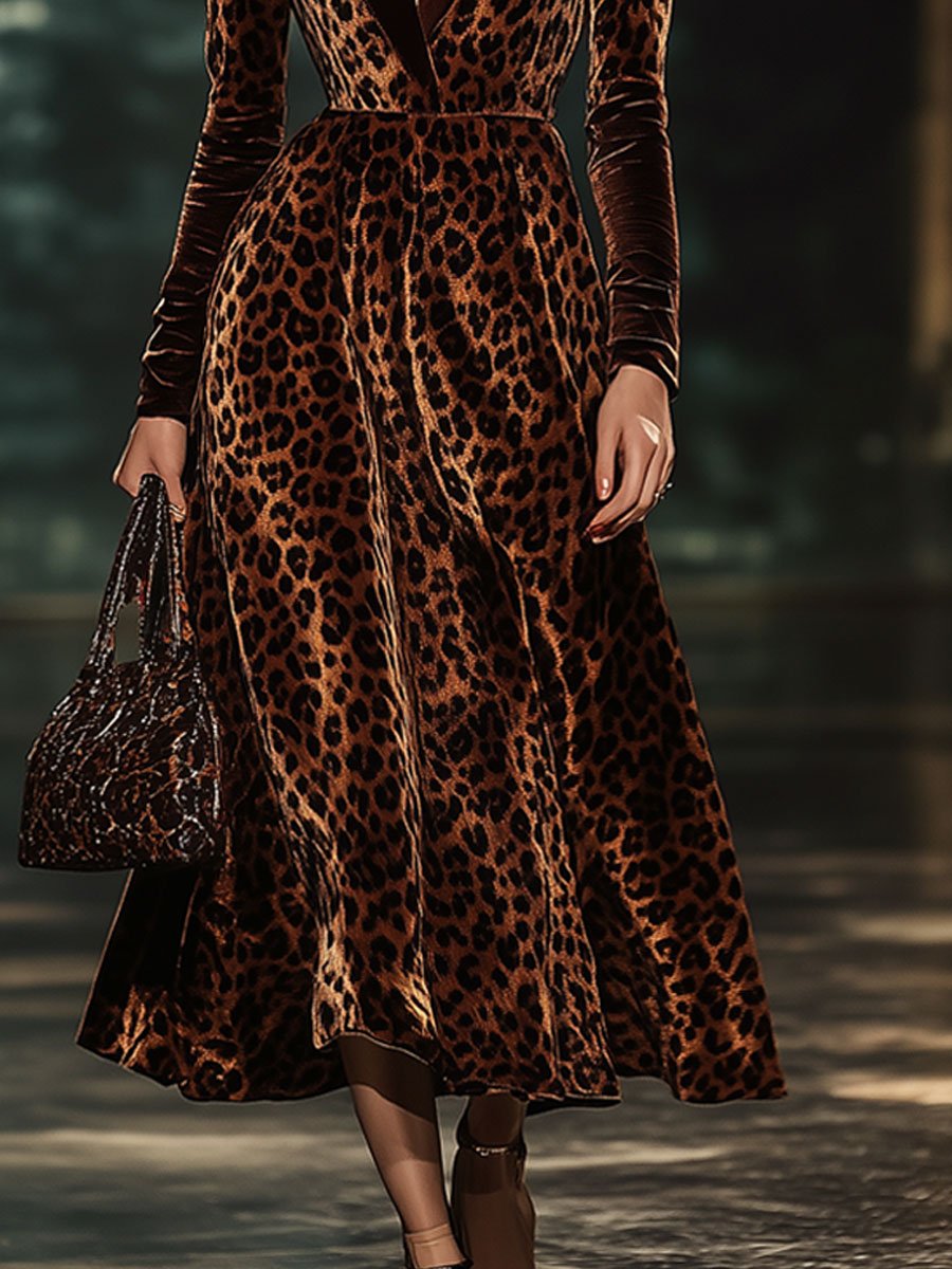 【Spedizione in 24 ore】Abito Midi in Velluto a Stampa Leopardo con Colletto e Maniche Lunghe