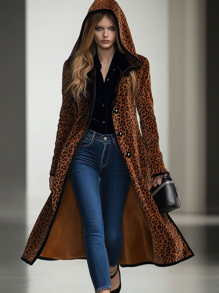 【Spedizione in 24 ore】Cappotto lungo casual loose in velluto vintage con stampa leopardata e rifiniture nere con cappuccio