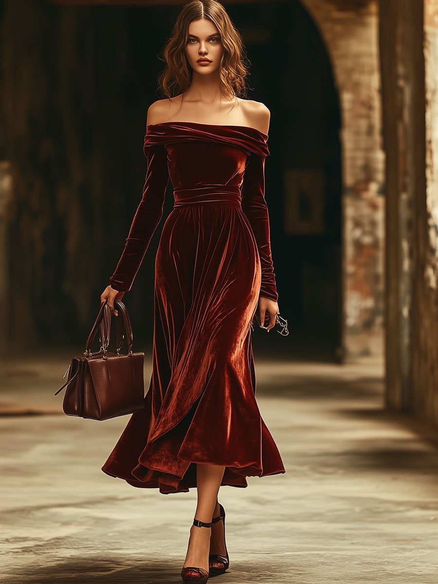 【Spedizione in 24 ore】Abito Midi in Velluto a Maniche Lunghe Off-Shoulder di Moda per Festa