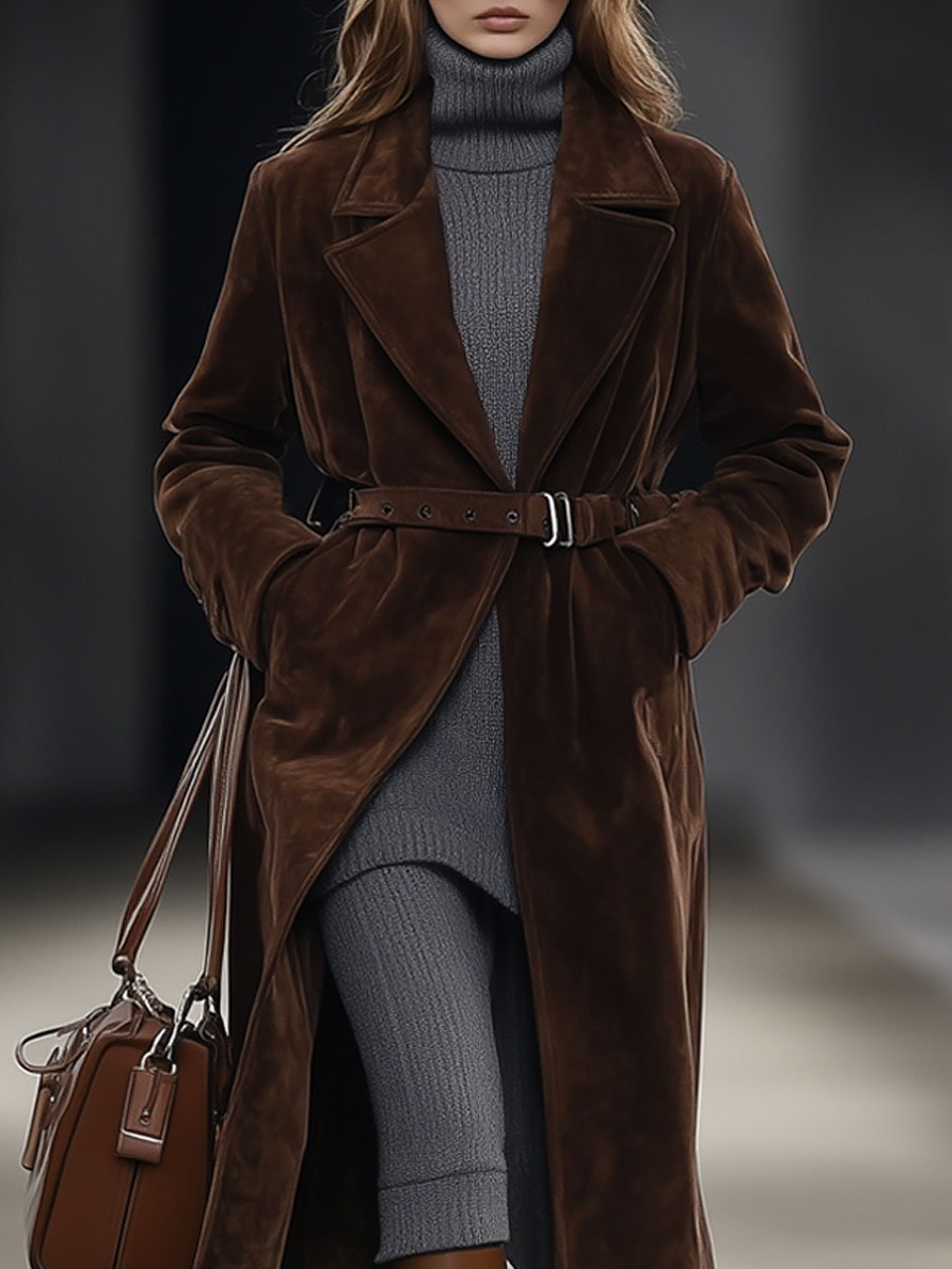 【Spedizione in 24 ore】Cappotto midi in suede belted color cioccolato, casual e loose, stile retro