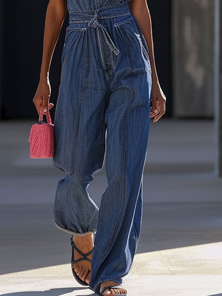 【Spedizione in 24 ore】Tuta in denim con scollo a V, casual e ampia, con tasche e lacci