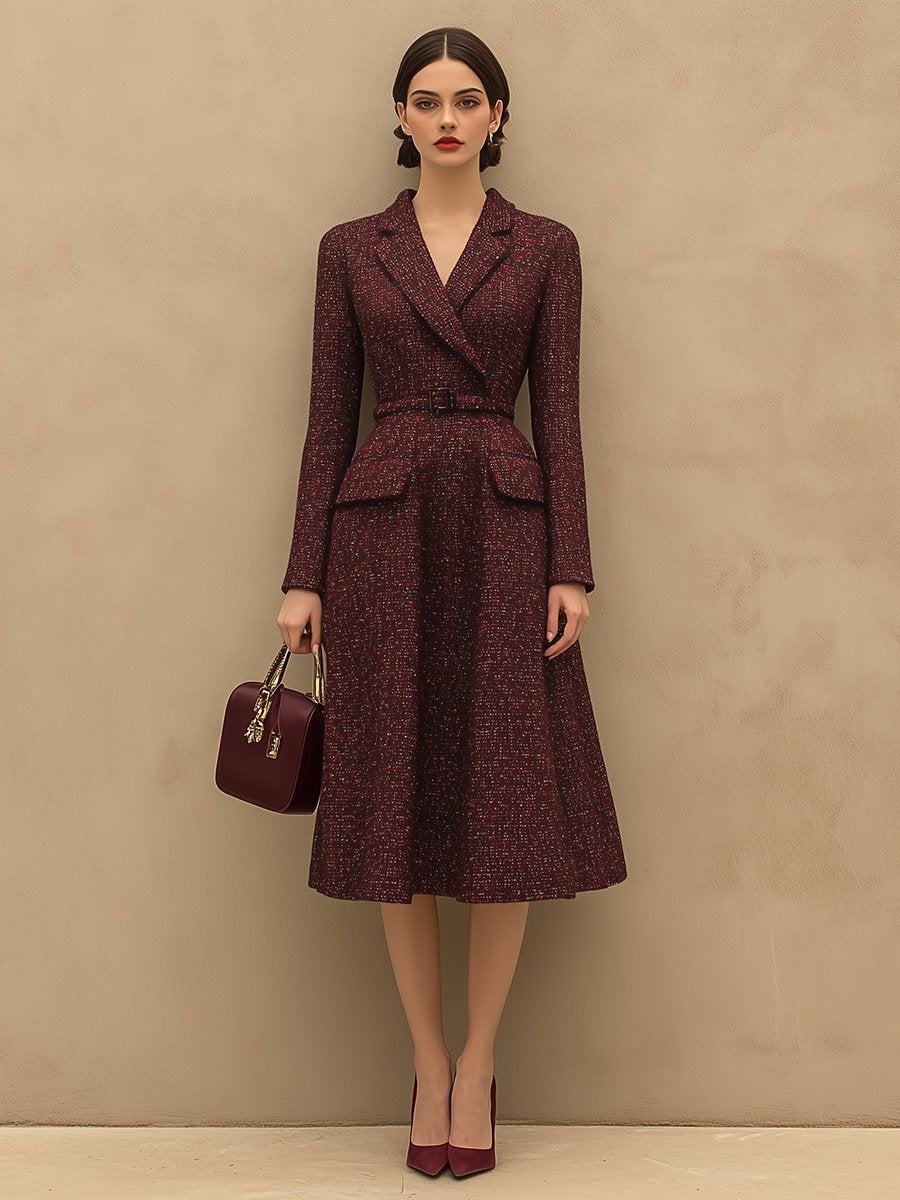 【Spedizione in 24 ore】Vestito Vintage Elegante in Tweed Rosso Ankola