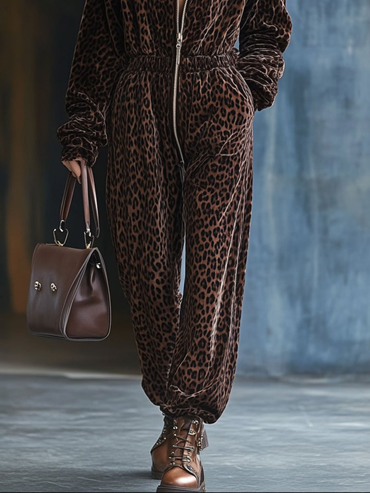 【Spedizione in 24 ore】Tuta casual loose in velluto vintage con stampa leopardata, vita elastica e zip con cappuccio