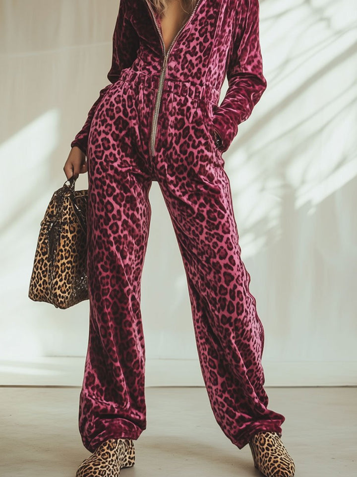 【Spedizione in 24 ore】Tuta Cappuccio in Velluto Rosa Retro a Stampa Leopardo con Vita Elastico e Zip