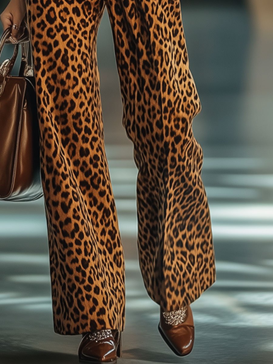 【Spedizione in 24 ore】Pantaloni casual larghi in velluto vintage con stampa leopardata, tasche e vita elastica