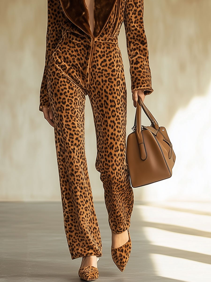 【Spedizione in 24 ore】Tuta Larga Casual Retro in Velluto con Stampa Leopardata e Collo Colorblock a Maniche Lunghe